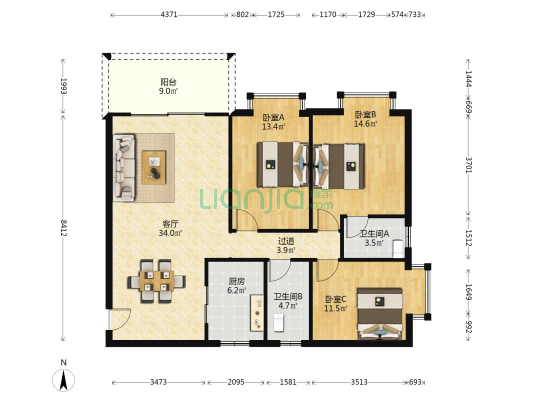 御湖苑 3室1厅2卫 115平方