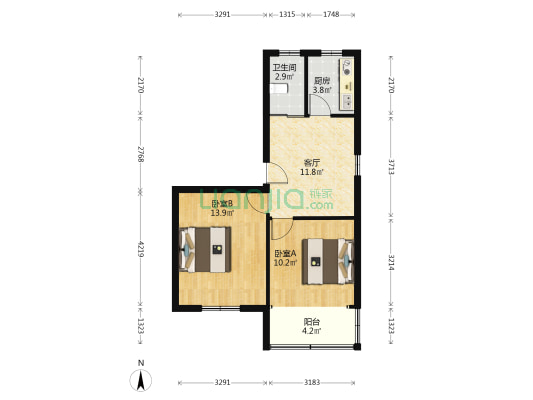 人民中路128号院 2室1厅1卫 59平方