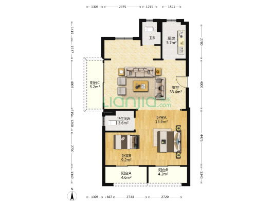湖悦名邸 2室1厅2卫 110平方