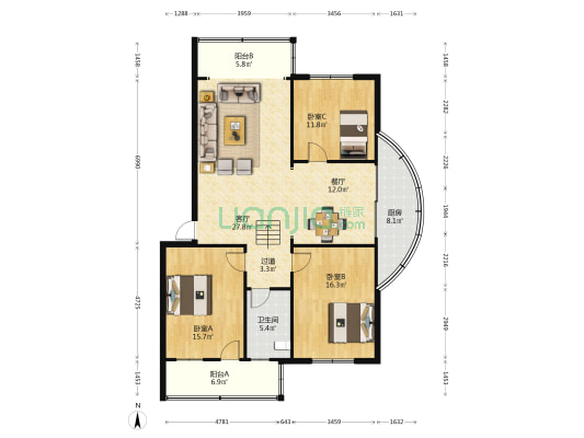 怡景楼 3室2厅1卫 133平方