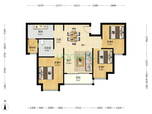 恒大翡翠珑庭 3室1厅1卫 106平方