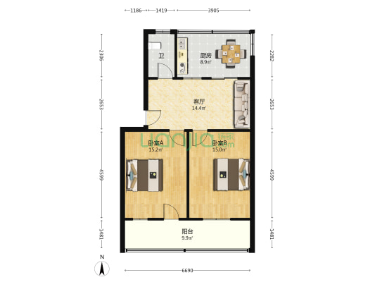 供电局宿舍 2室1厅1卫 67平方