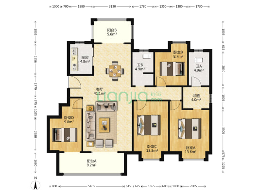 冠通水云墅 4室1厅2卫 140平方