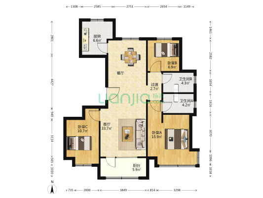 华发四季 3室1厅2卫 129平方