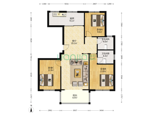 蓝岸郡景 3室1厅2卫 133平方