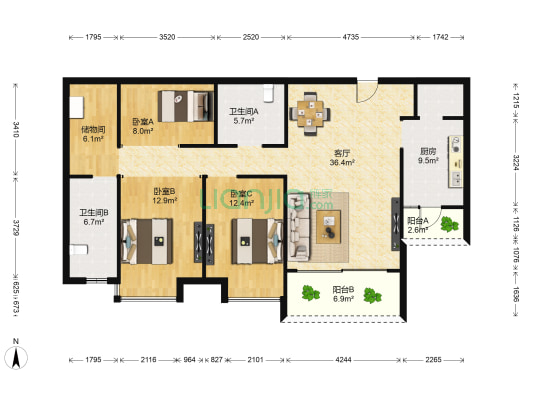 雅颂居 3室1厅2卫 134平方