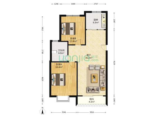 华星花园 2室1厅1卫 92平方
