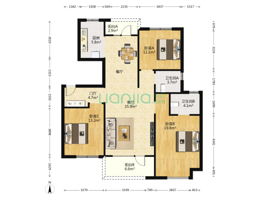 金地格林小城二期 3室1厅2卫 125平方