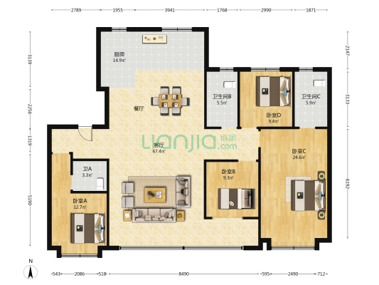 中海枫墅 4室1厅3卫 195平方