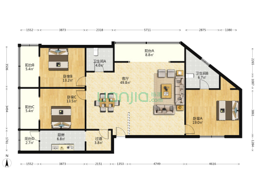 三圣街2号 3室1厅2卫 166平方