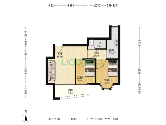 洪兴花园 2室1厅1卫 54平方