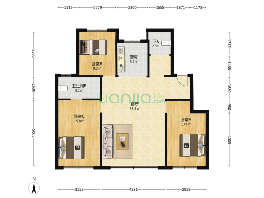 中铁逸都B区 3室1厅2卫 115平方