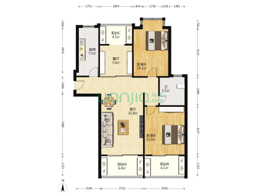 宏图国际花苑三期 2室2厅1卫 115平方