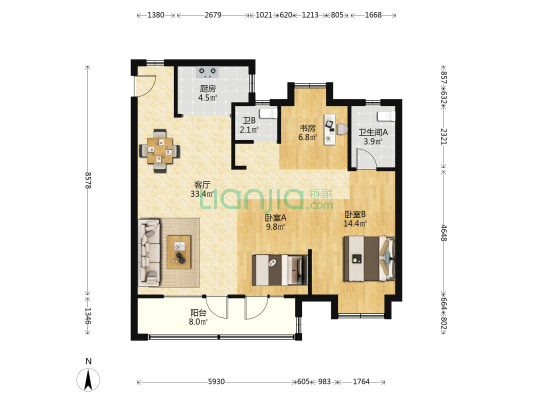 万和竞界 3室1厅2卫 109平方