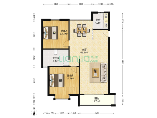 虹桥帝梵尼 2室1厅1卫 110平方