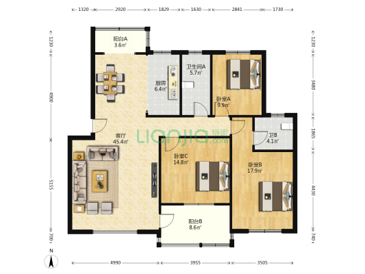 芙蓉公寓 3室1厅2卫 131平方