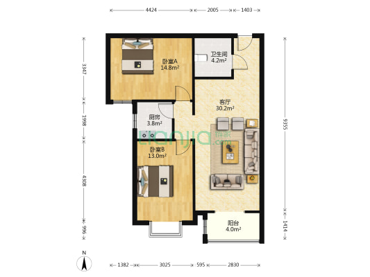 开发区 公园壹号 精装两居室 拎包入住-户型图