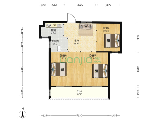 东郡华府 3室1厅1卫 90平方