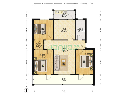 地税公寓 3室2厅1卫 113平方