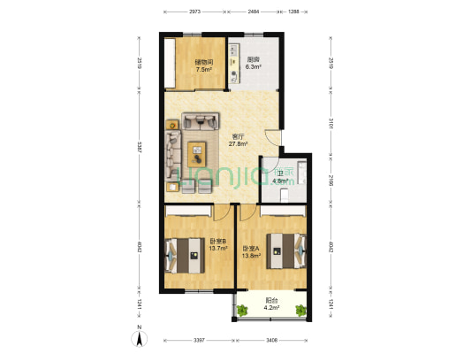 富春花园 2室1厅1卫 70平方