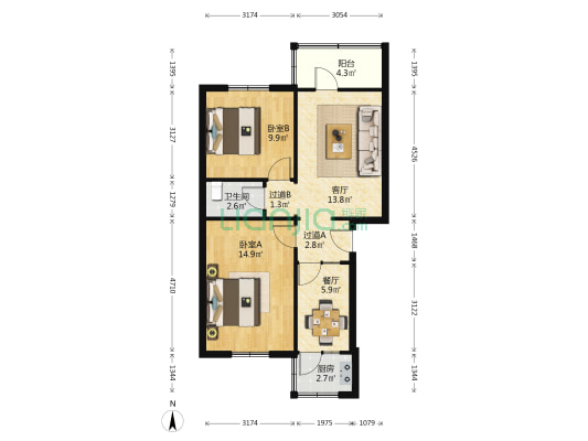 基建粮站家属院 2室2厅1卫 74平方