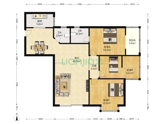 中扬华苑 3室1厅2卫 145平方