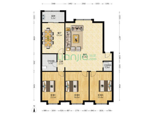 龙泉街（三八广场） 3室2厅2卫 145平方