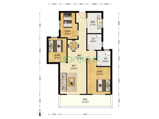 中南财源门 3室2厅2卫 108平方