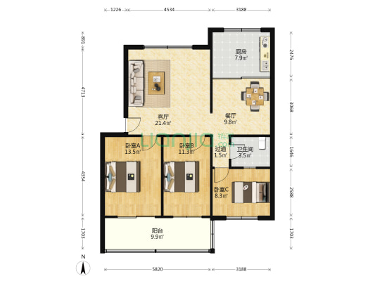 中昌新村西区 3室2厅1卫 108平方