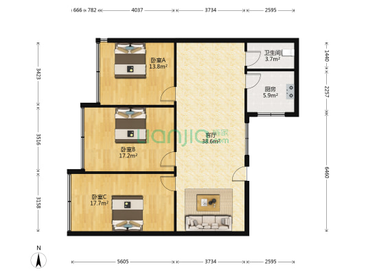 建设路三段25号 3室1厅1卫 122平方