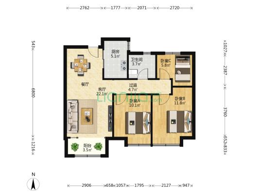 鑫苑世家公馆文魁苑 3室1厅1卫 96平方