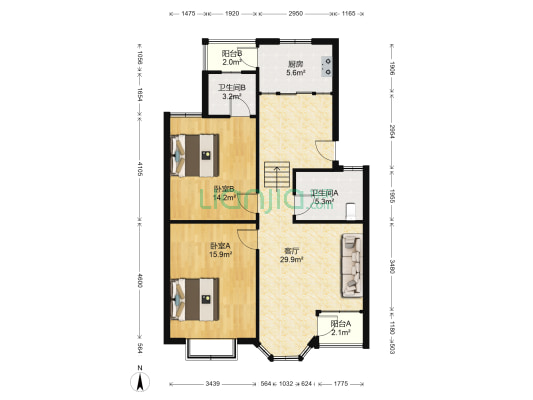 东方新都 2室1厅2卫 95平方
