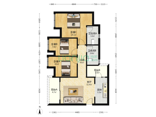 中梁融创云篆学府 3室1厅2卫 80平方