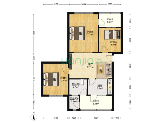 东南市街82号 3室1厅2卫 94平方