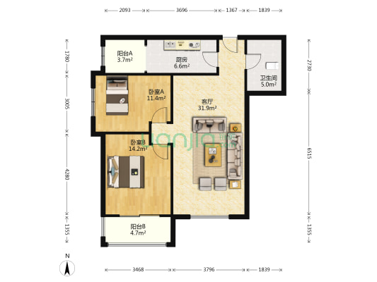 范阳路金竹花园 南向大2居 精装家具家电 满五唯一-户型图