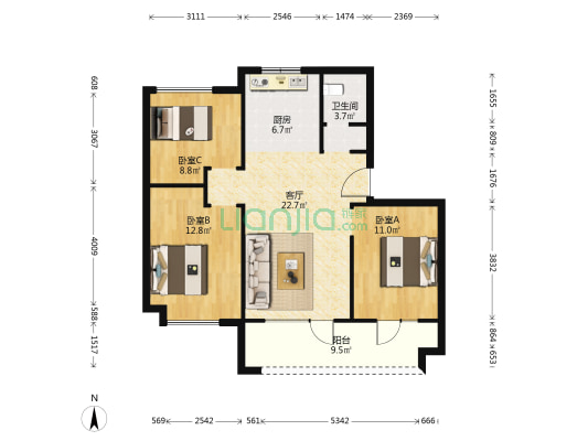 龙湖西府原著 3室1厅1卫 90平方