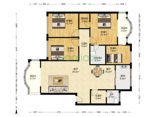 双楠谊苑二期A区 4室2厅2卫 144平方