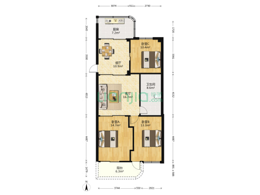 湖畔花园 3室2厅1卫 89平方