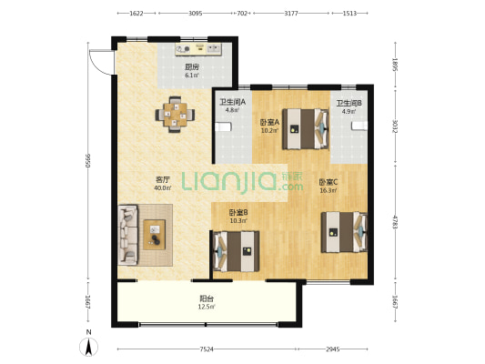 隆卓景江 3室1厅2卫 125平方