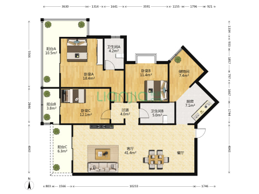 羿园小区 3室1厅2卫 144平方