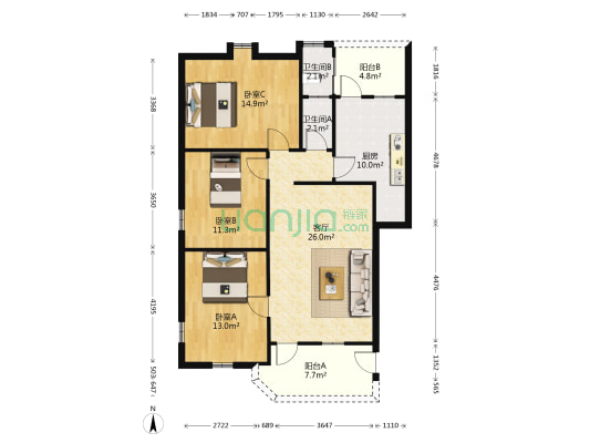 人民银行堑头宿舍 3室1厅2卫 88平方