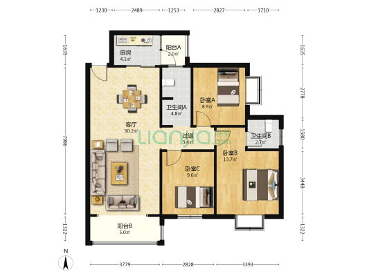 东城郦都 3室1厅2卫 109平方