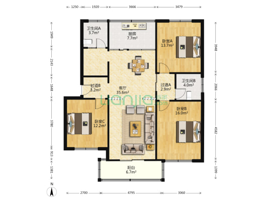 百合公寓 3室1厅2卫 115平方