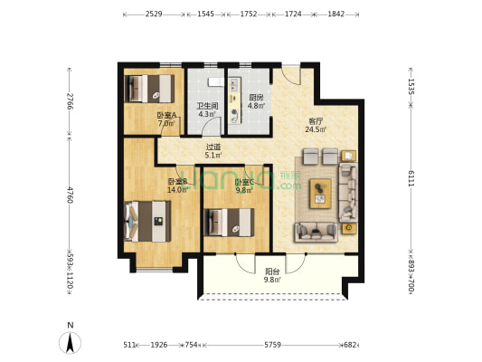 新城玺樾云璟北区 3室1厅1卫 99平方