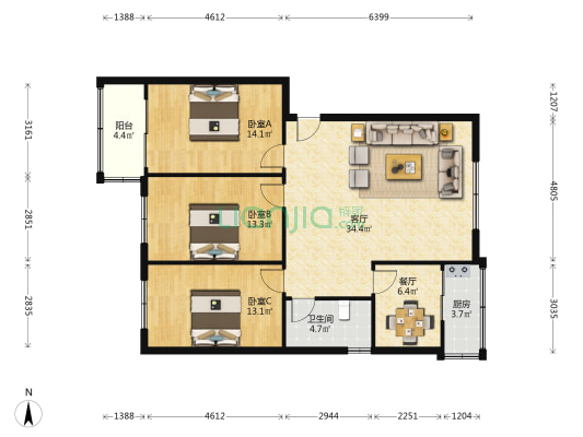 桐柏南路3号院 3室2厅1卫 107平方