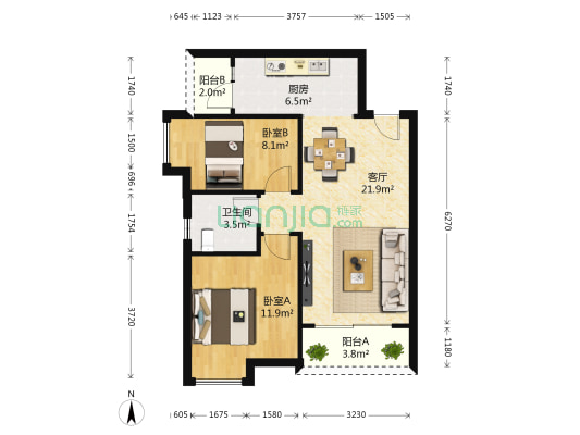 新玥花园 2室1厅1卫 76平方