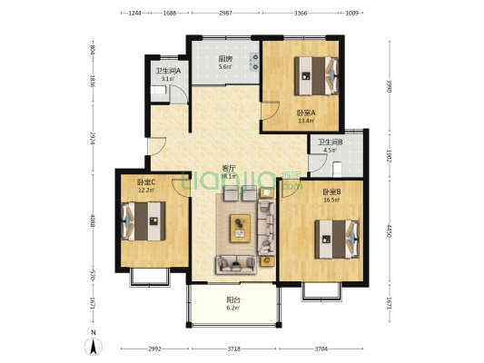 奥体新城 3室1厅2卫 118平方