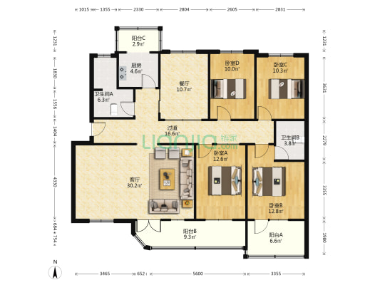 涿州宜佳旺广场精装160平大4居室-户型图