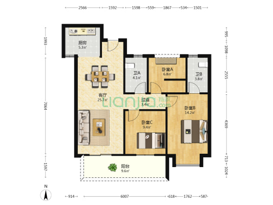 汉唐翰林府 3室1厅2卫 104平方