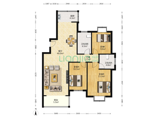 天怡景园C区 3室1厅2卫 127平方